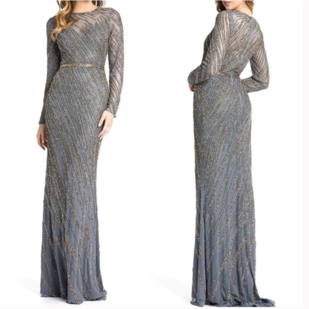 Mac Duggal Beaded Platinum Slate Blue Gown Dress Long Sleeve